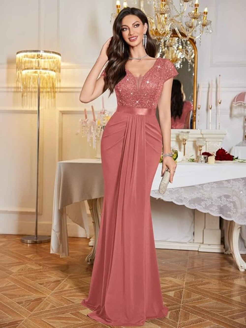 Women's Deep V-Neck Lace Sequin Pleated Evening Formal Dress  Cinnamon Pink - Picture 2 of 5